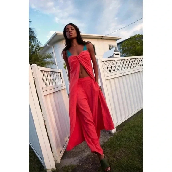 NWT Free People Banita Set Linen Blend Two Piece Pants Maxi Top Set Red Small - Picture 1 of 17
